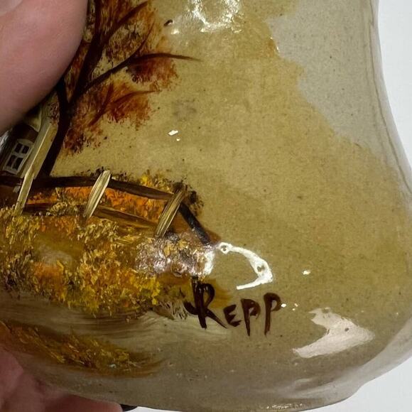 Signed By Repp Beautiful Hand Painted Farm Barn Scene Creamer Western Stoneware - Picture 2 of 7